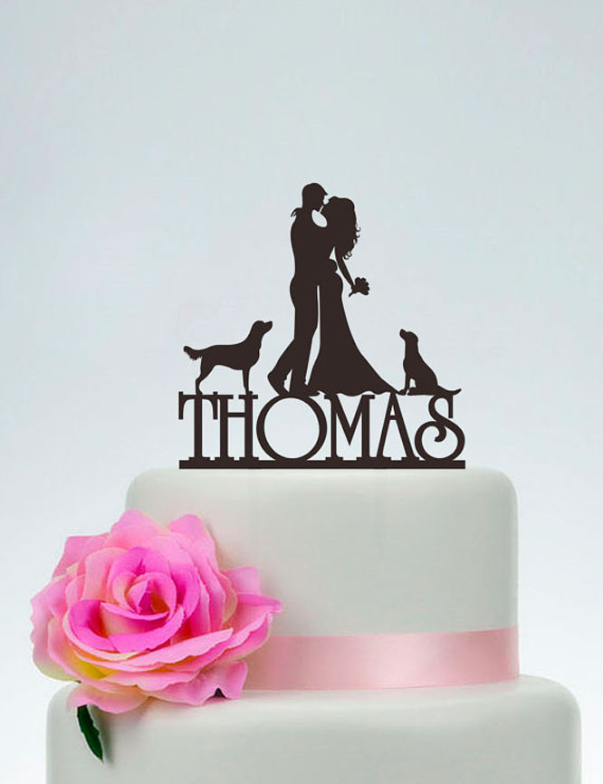 bride and groom with pets cake topper